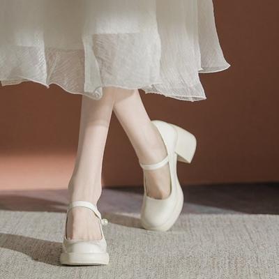 Fashion 2025 New  Pearl with Medium Heels Round Toe Square Gothic Mary Jane Japanese Style Lolita Ladies Footwear Women's Shoes