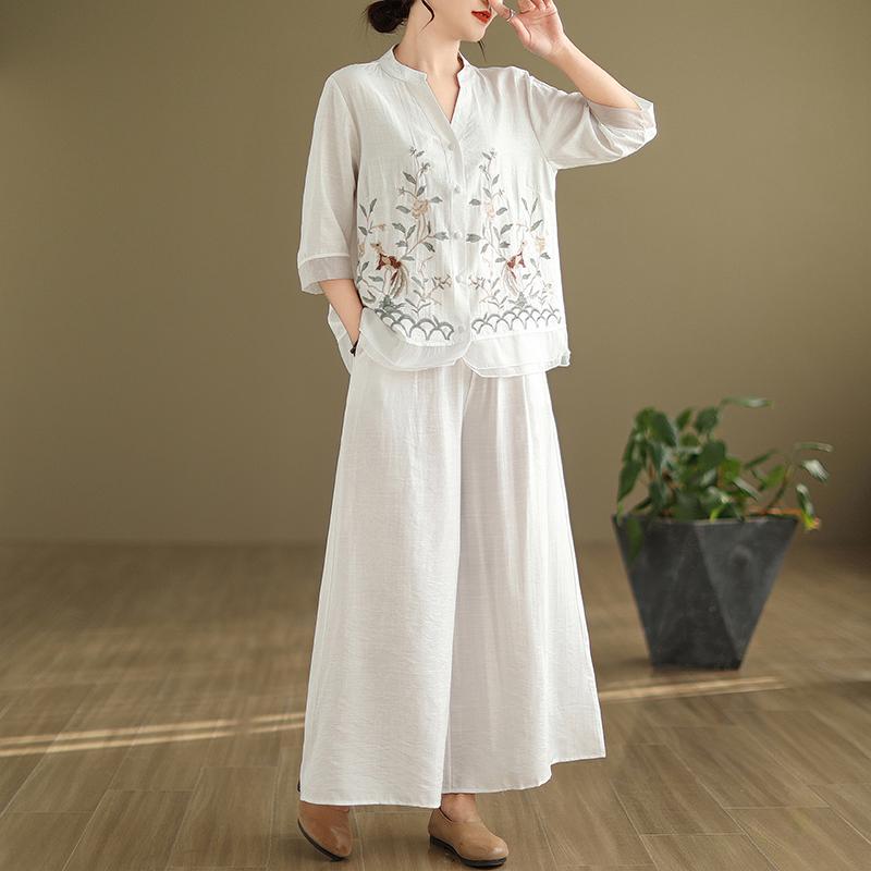 Spring Summer 2 Two Piece Set Women Floral Embroidery Fashion Ladies Blouses Elastic Waist Fashion Loose Pleated Woman Wide Leg Pants
