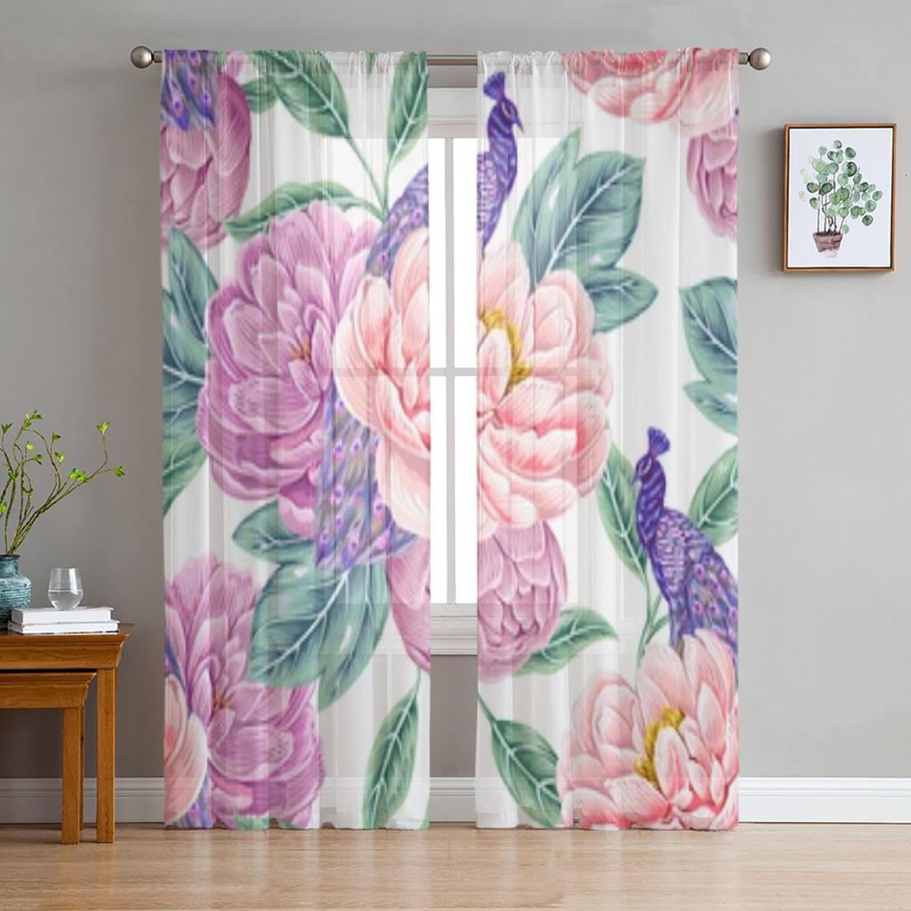 Flowers Peonies Leaves Peacock Sheer Curtains For Living Room Window Transparent Voile Tulle Curtain Bedroom Drapes