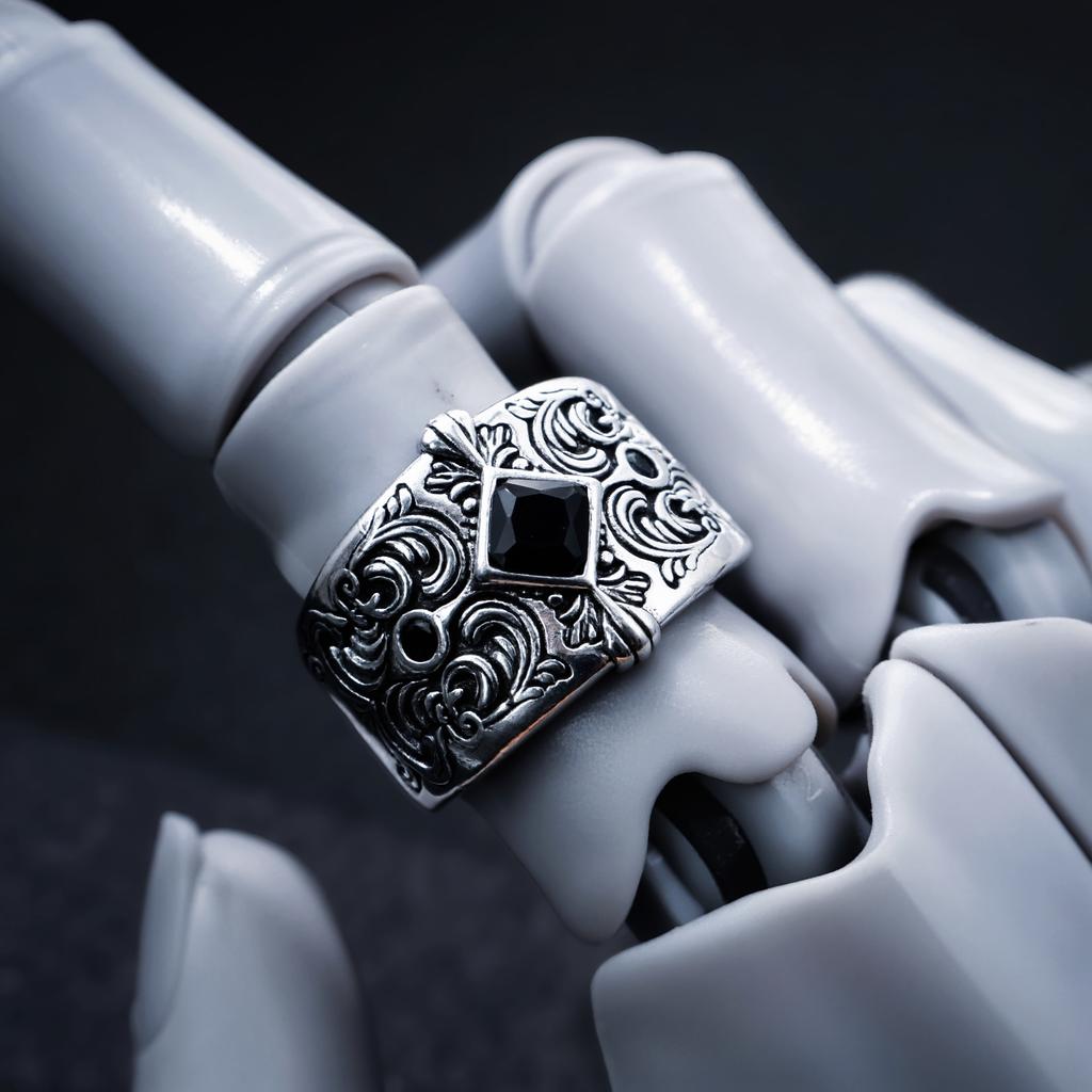 Retro Floral Patterns Black Ziron Adjustable Open Ring For Men Gothic Punk Edgy Silver-plated Copper Jewelry Accessories Gift