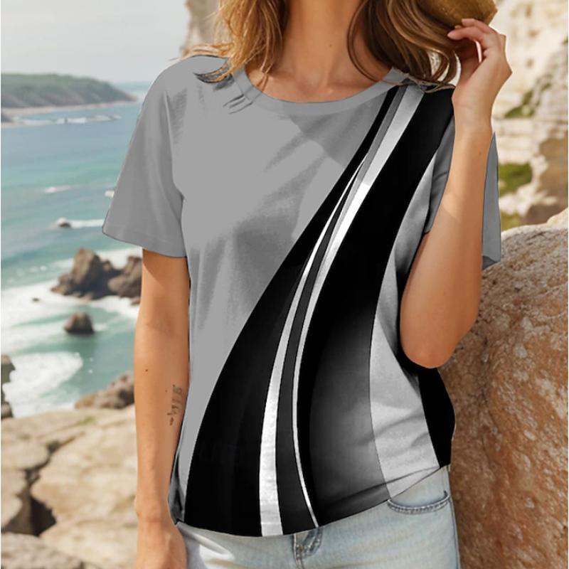Women Summer T Shirt Retro Fashion Short Sleeve Tees Casual  Monogram Printed  Tops