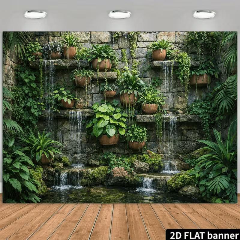 Дзен Зеленое Растение Водопад Гобелен Каменная Стена Фонтан Сцена Настенное Искусство Фон 47.2x31.5inch/120*80cm