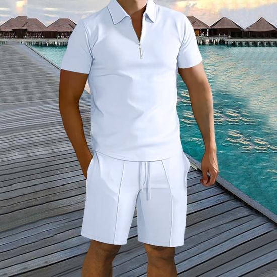 Men Summer Shirt Shorts Set Knee Length Elastic Waist Drawstring Shorts Solid Color Lapel Zipper Neck Short Sleeves Tracksuit Set