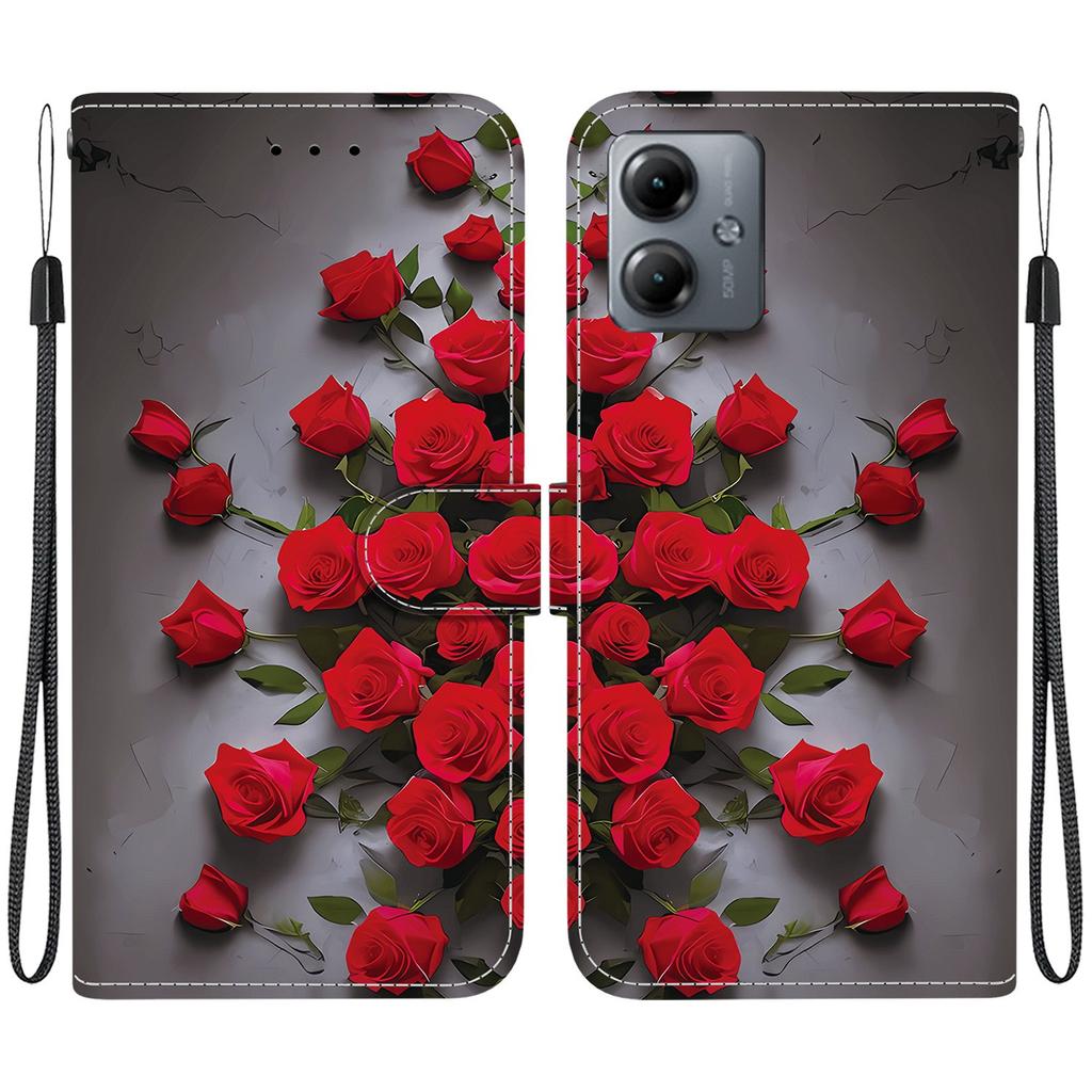 Handmade PU Leather Flip Case for Motorola Moto G14 Anti-Slip Shockproof Cover with Wrist Strap & Heart/Rose Cat Designs