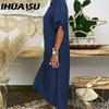 IHUASU Summer Denim Dress For Women Casual Spring Blue Maxi Dresses V Neck Half Sleeve Plus Size Long Dresses With Slit