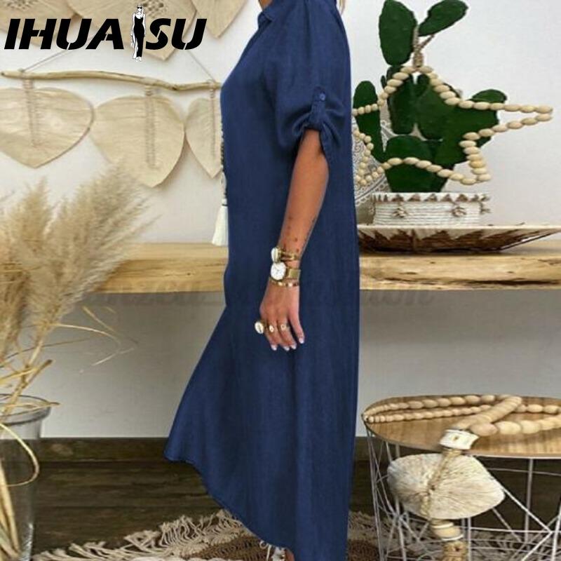 IHUASU Summer Denim Dress For Women Casual Spring Blue Maxi Dresses V Neck Half Sleeve Plus Size Long Dresses With Slit