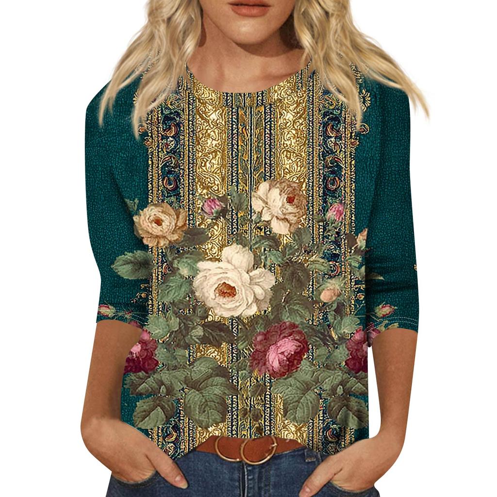 Módní vintage top s 3/4 rukávem pro ženy, dámská ležérní halenka s tříčtvrtečním rukávem a kulatým výstřihem s potiskem