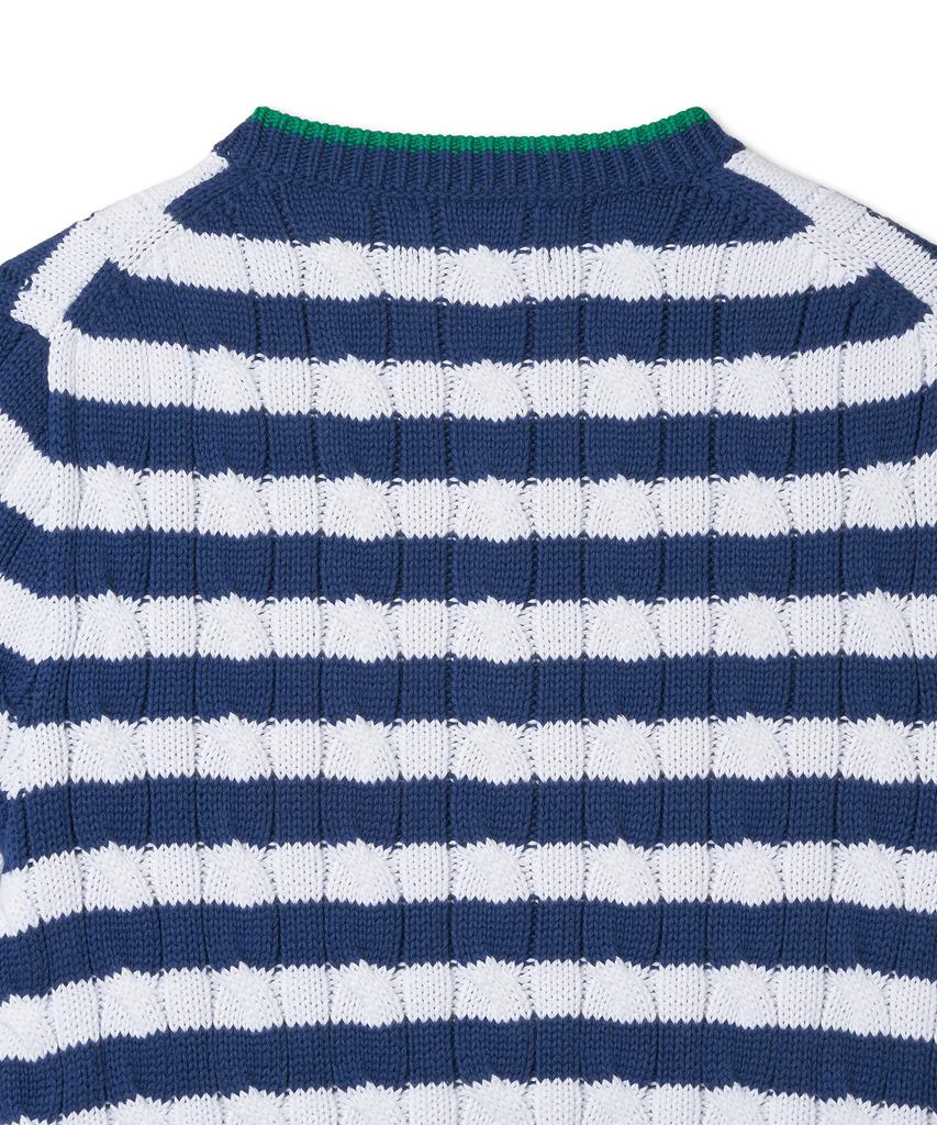 POLO RALPH LAUREN W Striped Cable Knit Short Sleeve Cotton Sweater - Blue Yacht/White