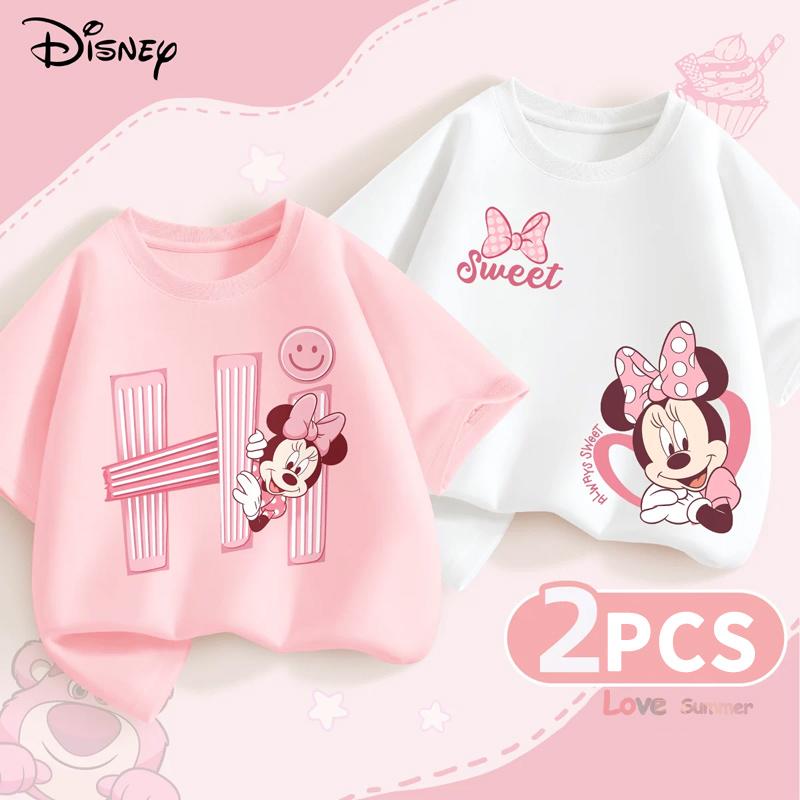 (2 Pieces Per Pack) Disney Summer Baby Girls Cotton Clothes Kid Children Girl Minnie Printed T-shirts Short Sleeve Top