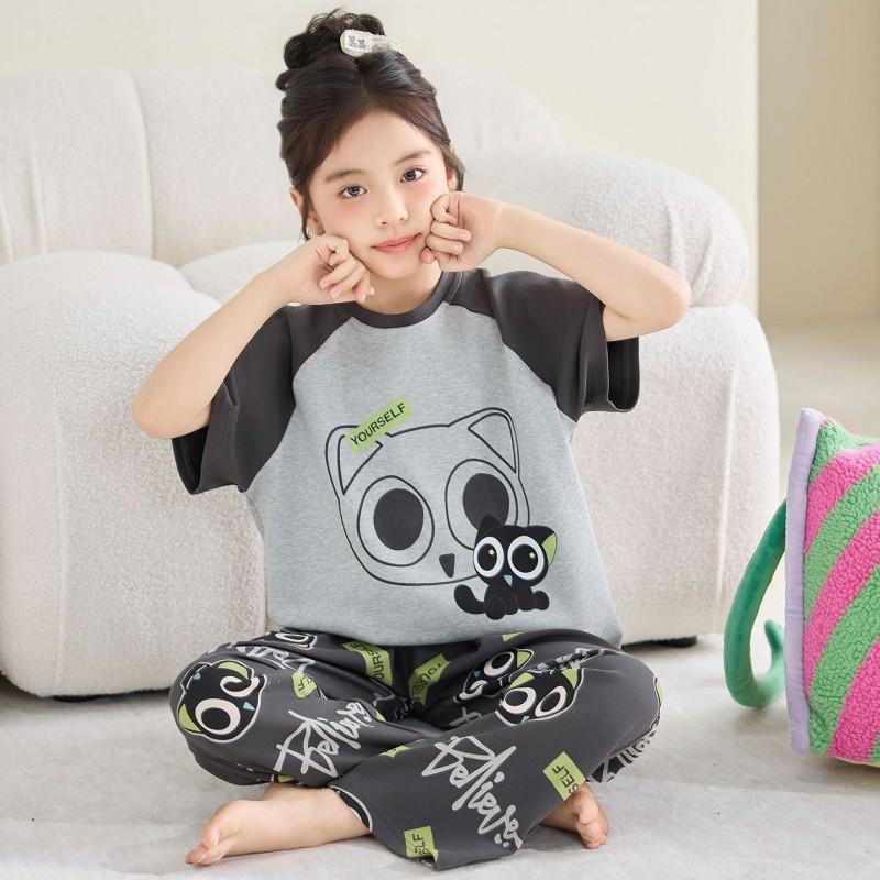 Girls Cotton Pajama Set Short Sleeve Long Pants Cartoon Print Sleepwear Kids Ages 4-12