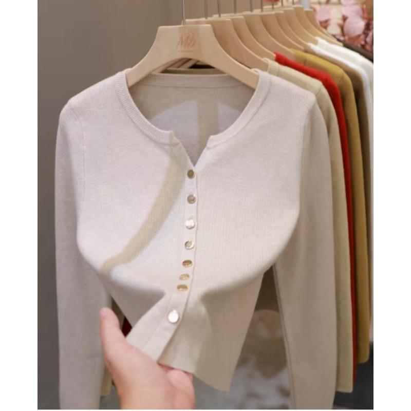 Gentle style solid color metal buckle simple short knitted long-sleeved cardigan v-neck sweater women's autumn and winter top