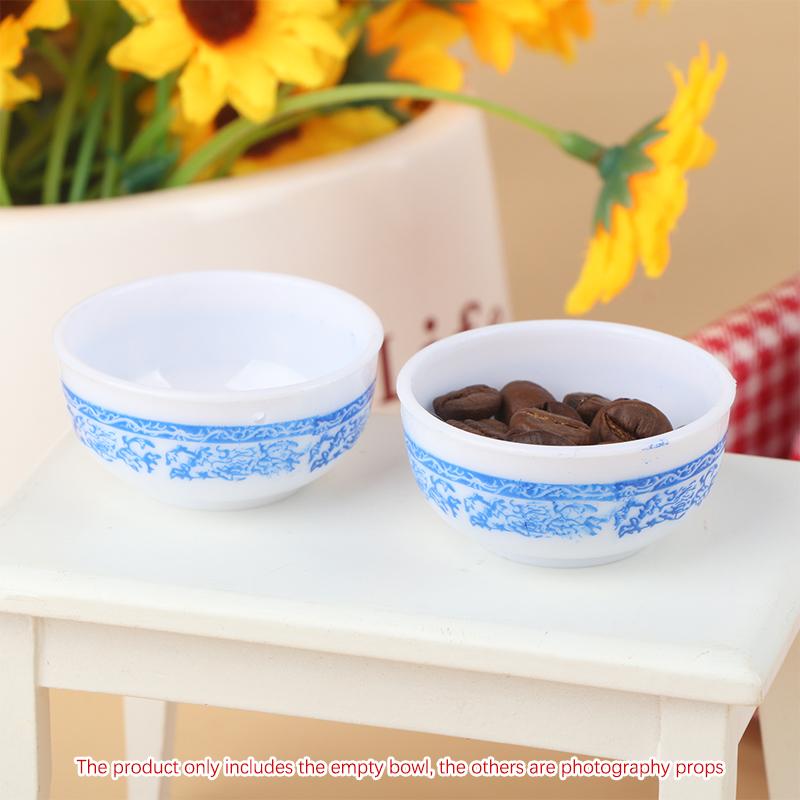 2Pcs 1:6 Dollhouse Miniature Bowl Blue And White Bowl Kitchen Tableware Decor