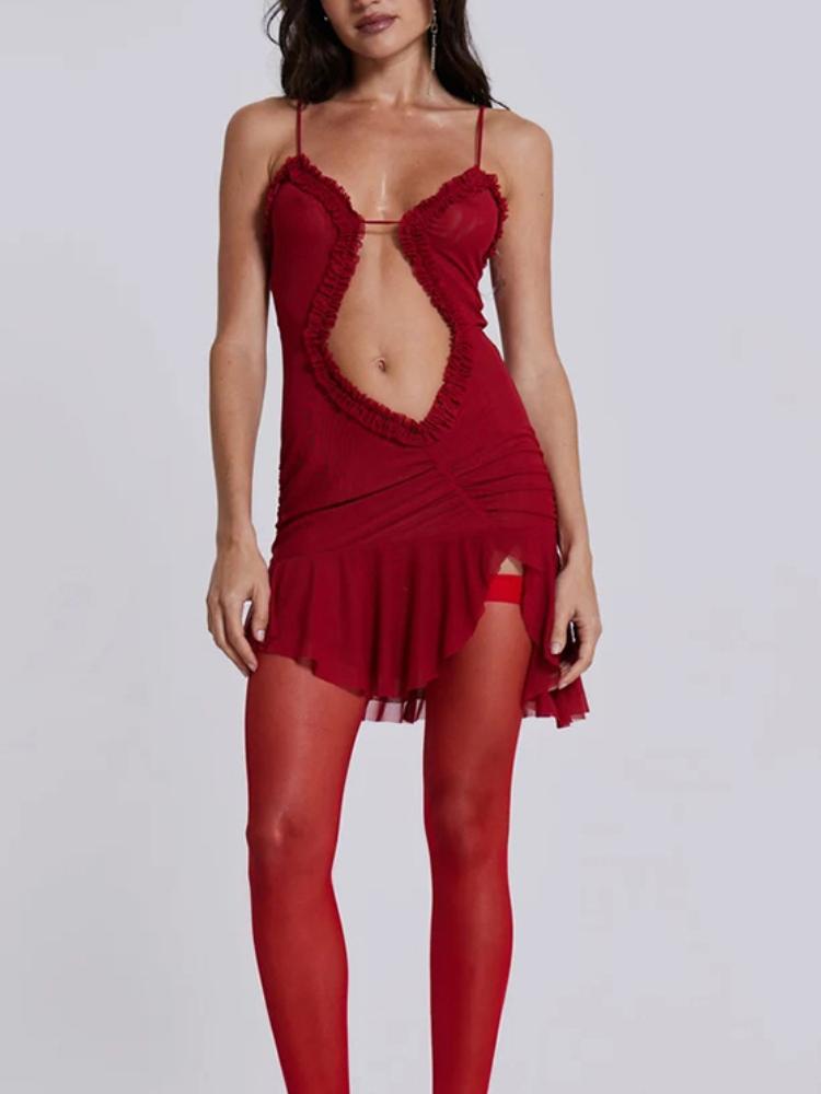 Weird Mesh Ruffles Women New Prom Dress Hollow See Through Irregular Side Split Outfit Folds Skinny Sexy Elastic Pretty Mini Midnight Clothing