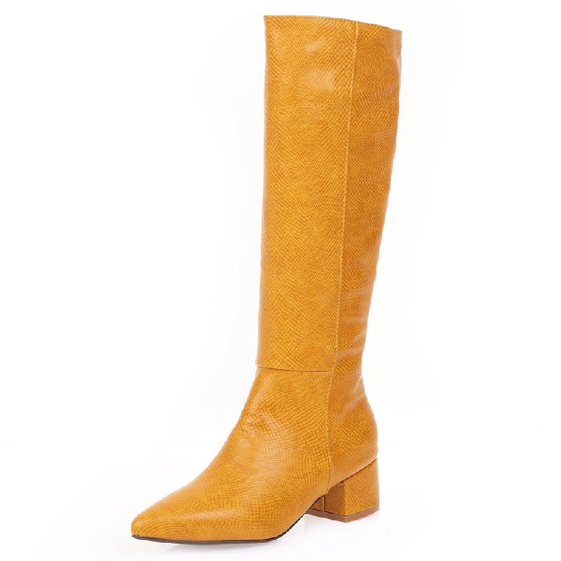 Western Cowboy High Boots for Women Winter Knee High Boots Snake Leather Pointed Low Heels Casual Long Shoes Female Large Size