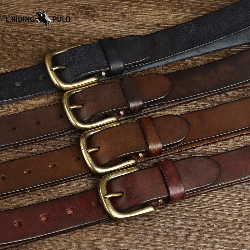 Vintage Echtleder Gürtel Herren Erste Schicht Rindsleder Reines Kupfer Dornschließe Lässiger Jeansgürtel