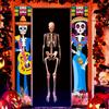 1 Pair Day of the Dead & Halloween Banners - Vibrant Blue Polyester Decorations with Skeletal Figures, Mariachi Musician, and Traditional Attire for I