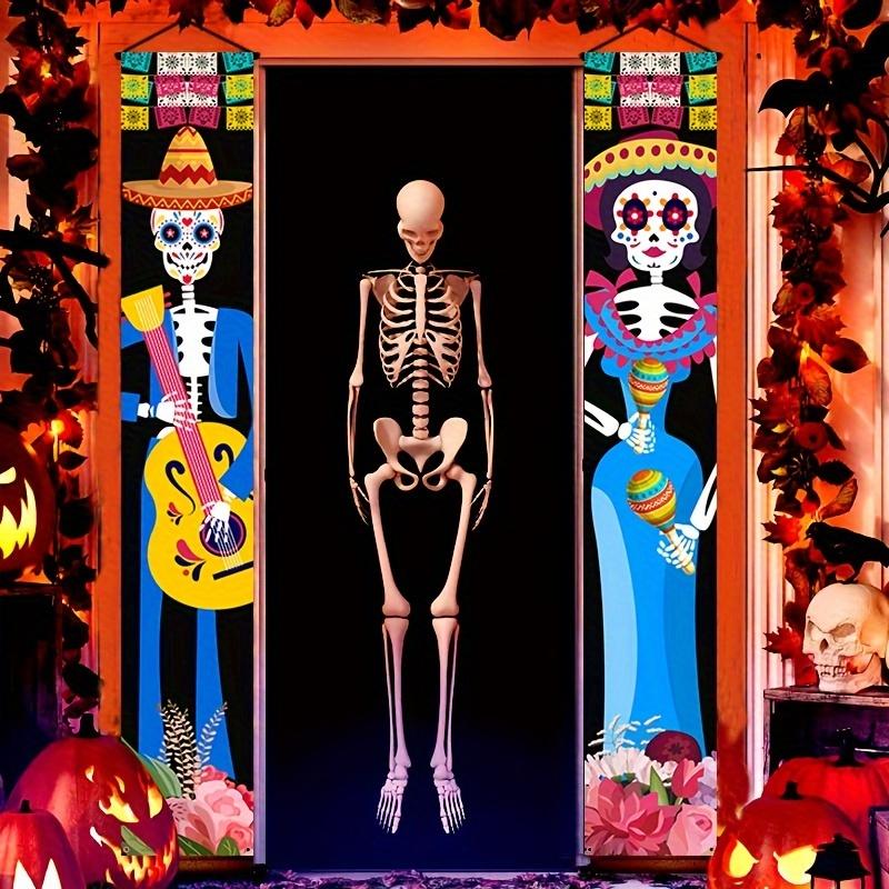 1 Pair Day of the Dead & Halloween Banners - Vibrant Blue Polyester Decorations with Skeletal Figures, Mariachi Musician, and Traditional Attire for I