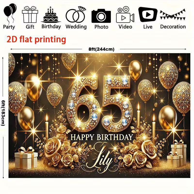 Sfondo 2D Nero Oro per 65° Compleanno, Banner Sfondo Fotografico per Festa 65 Anni con Diamanti