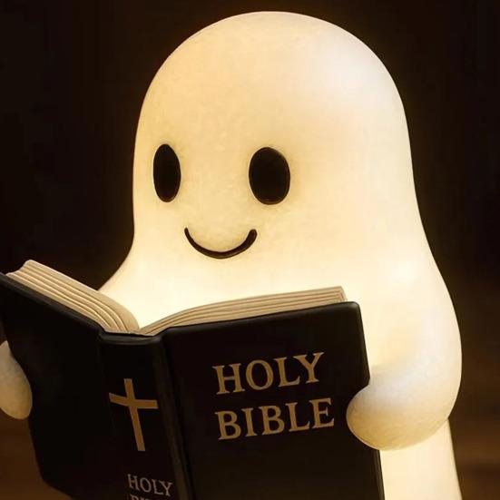 Yousheng Ghost Bible Lamp Cute Ghost Reading Book Night Light 3D Resin Light Up Ghost Figurine Halloween Table Lamp for Bedroom Home Shelf Indoor