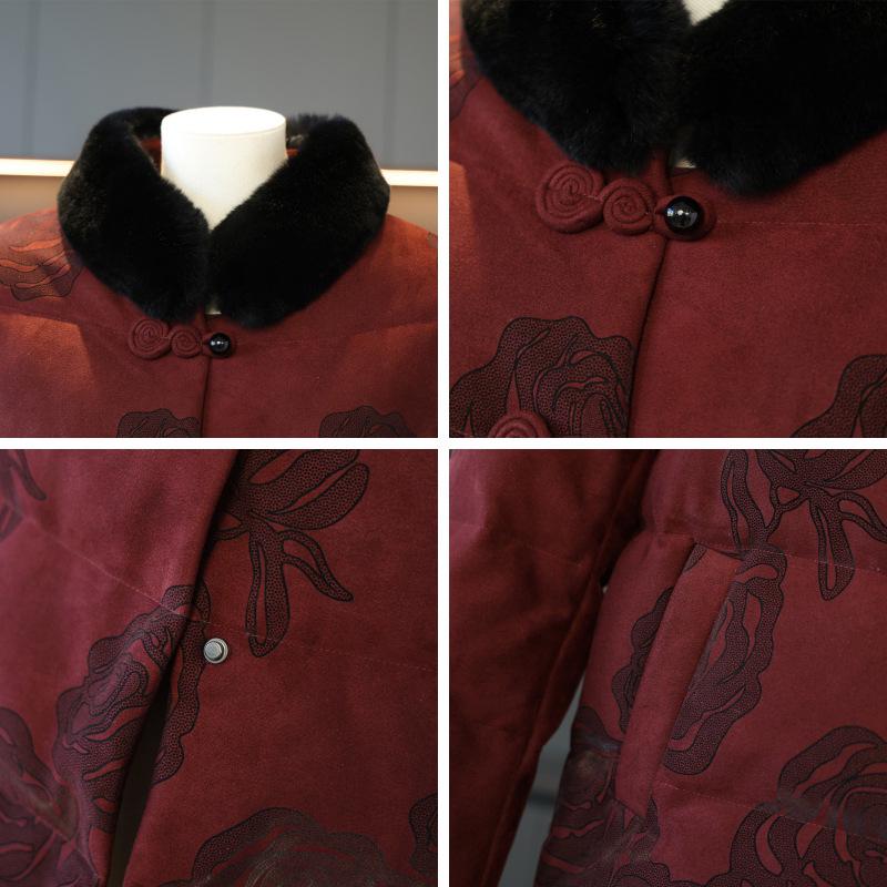 Elderly Women's Thickened Winter Down Jacket with Real Fur Collar