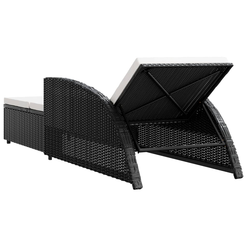 Sun Lounger with Cream Colored Cushion Poly Rattan in Black