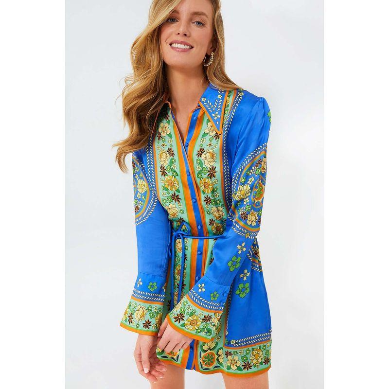 

Fashion Lapel Tied Waist Positioning Print Holiday Long Sleeves Dress Women Blue S