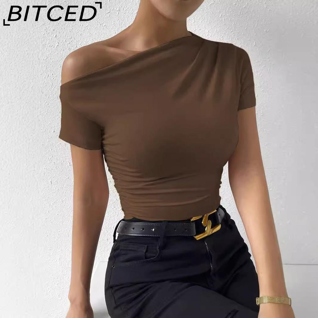 BITCED Spring/Summer Women's Slim-Fit Pleated Asymmetric Hem Short-Sleeved T-Shirt Top