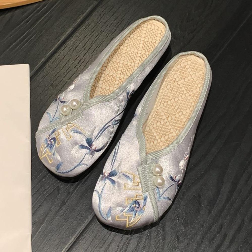 Soft Bottom Embroider Hanfu Slippers Flower Satin Sandals  Hanfu Accessories