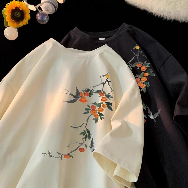 Camiseta de Manga Corta de Moda Versátil Holgada Holgada de Estilo Nacional para Mujer de Verano