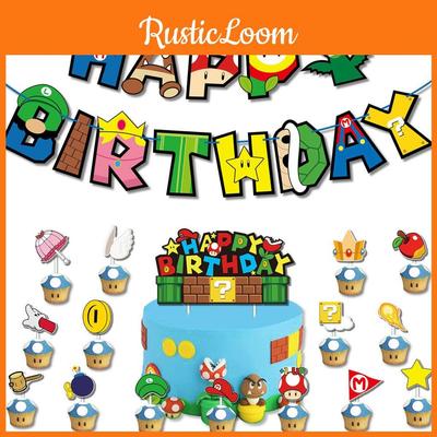 Super Mario Birthday Party Decoration Set Cartoon Themed Flags And Cake Toppers