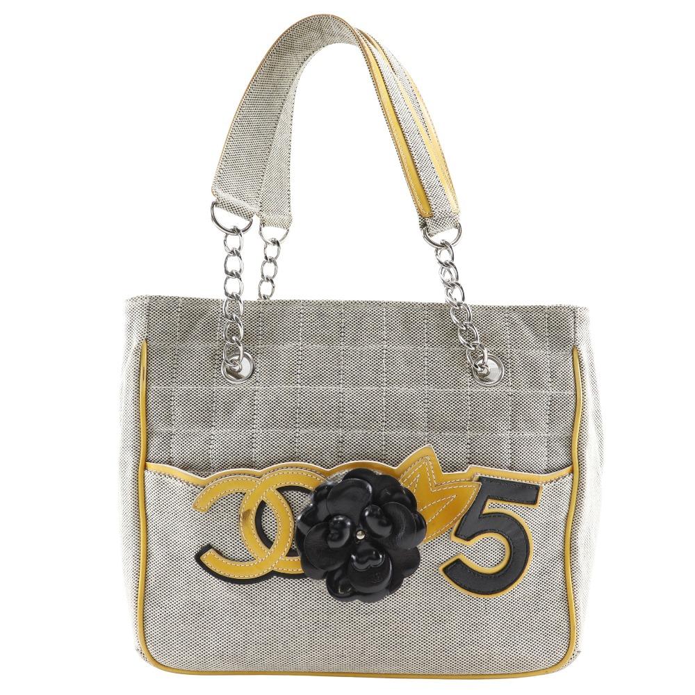 Chanel Camellia NO5 Tote Bag Chocolate Bar Chain Tote Gray/yellow Canvas Women Used