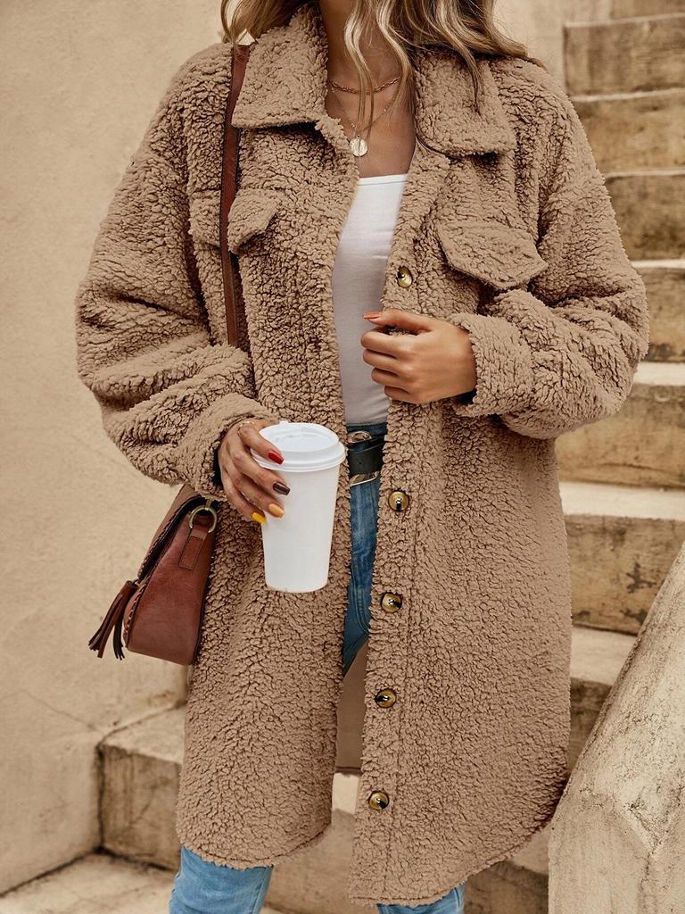 Manteau Long Ample en Peluche à Revers d'Hiver Européen et Américain pour Femmes 2024 avec Boutons