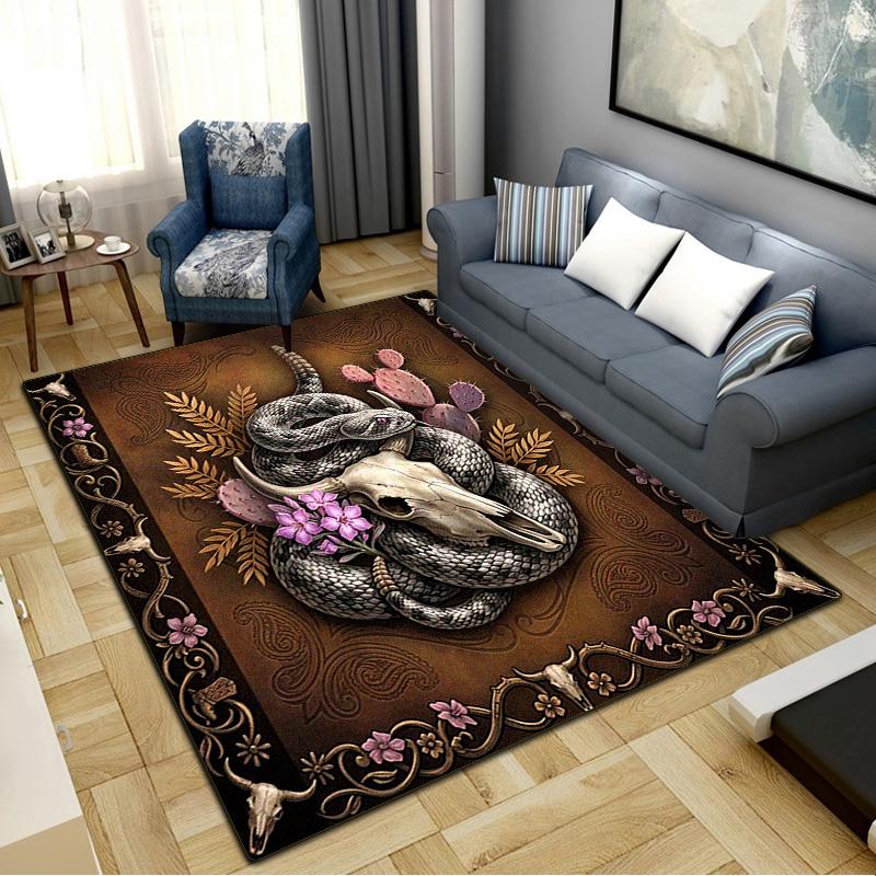 Western Bull Skull Carpet Rug for Living Room Bedroom Home Sofa Decoration, Kids Play Non-slip Floor Mat