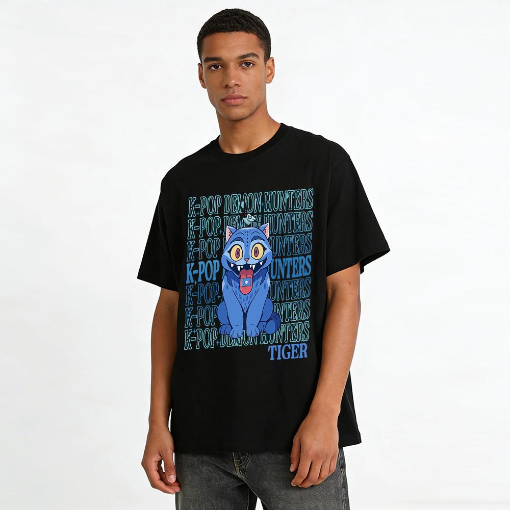 K-POP Demon Hunters Blue Tiger Print T-shirt Trendy Subculture Cute Cool Loose Casual Top Pure Cotton T-shirt