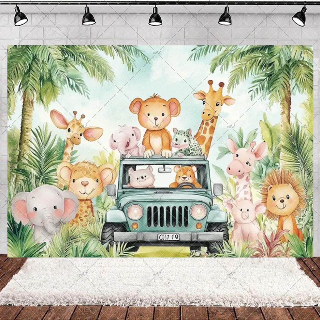 Jungle Wildlife Lion Giraffe Theme Banner Background, Children's Birthday Party, Home Decoration Photography Studio Background