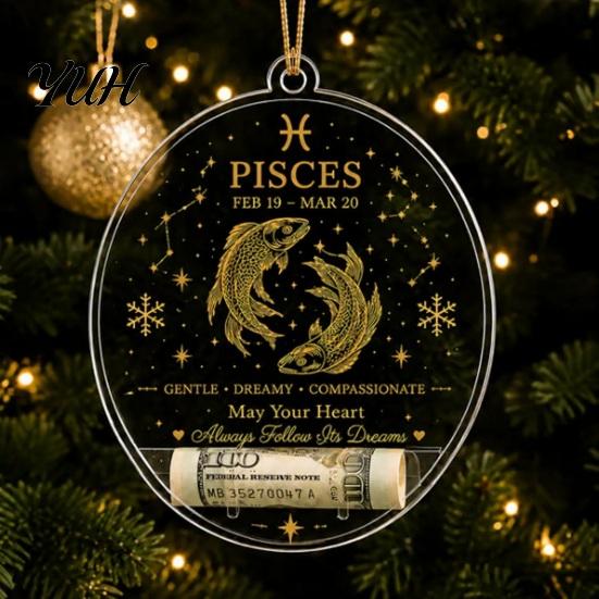 Gift Box Accessories Christmas Tree Money Holder Pendant, Transparent Acrylic Round Hanging Ornament, 12 Festive Home Decor Zodiac Signs Theme