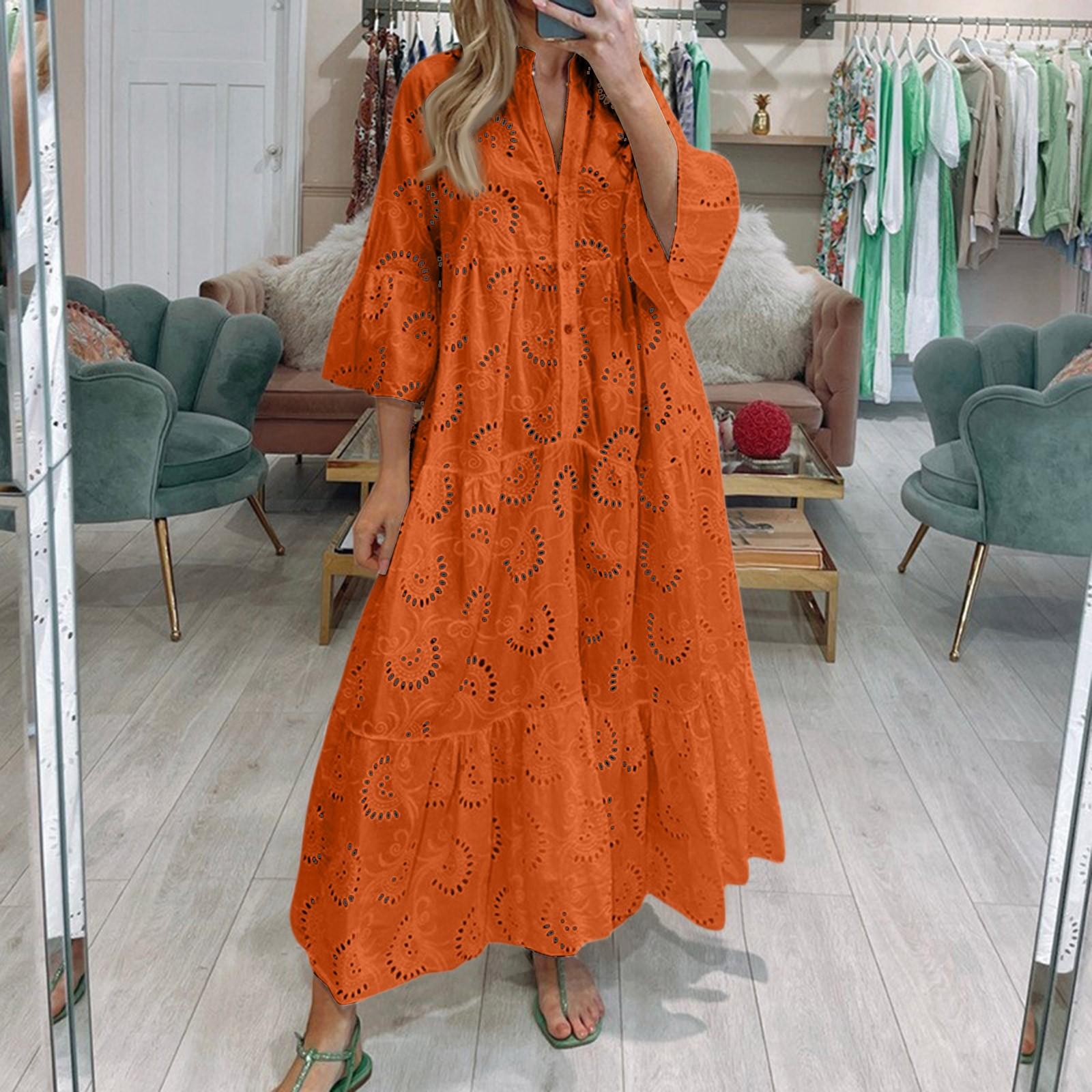 

Жіноча Модна Сукня з V-подібним вирізом Однотонна Великого Розміру Вільна Довга Велика Кльош з Рукавами 3/4 L помаранчевий