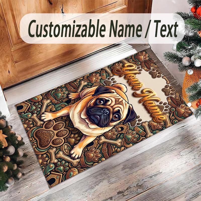 Pug Theme Crystal Velvet Floor Rug Personalized Custom Name Text Warm Carpet Home Decoration