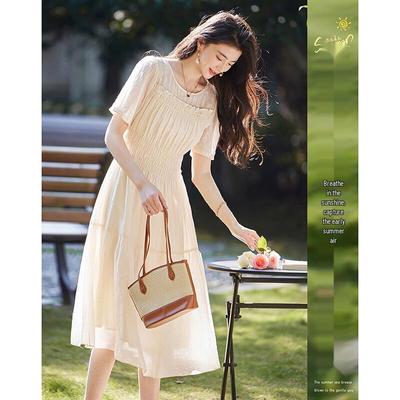 Sishui Nianhua Women's Elegant Short Sleeve A-line Midi Dress