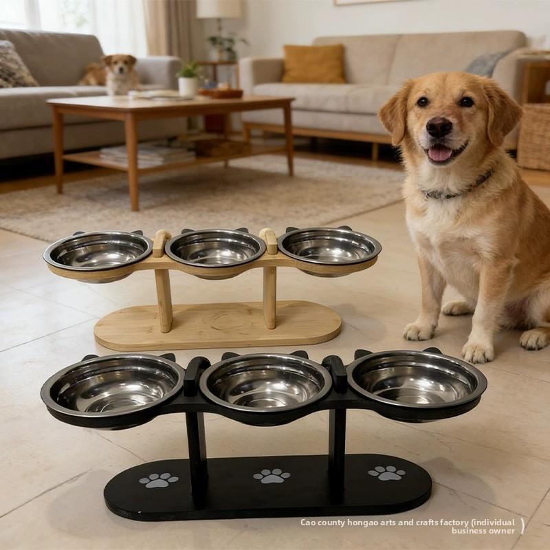 Comedero elevado para mascotas con doble cuenco de madera para gatos y perros soporte protector cuello