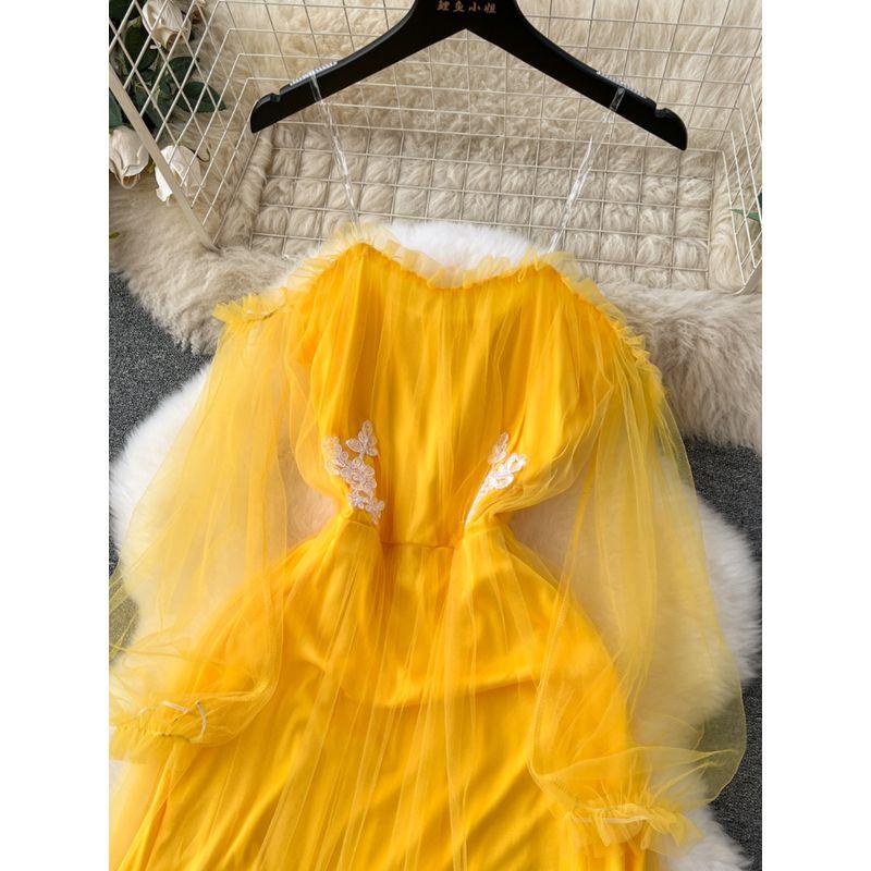 Court Style Dress Classy Light Luxury Minority Embroider Tight Waist Long Slimming Mesh Fairy Dress Sling Dress Women