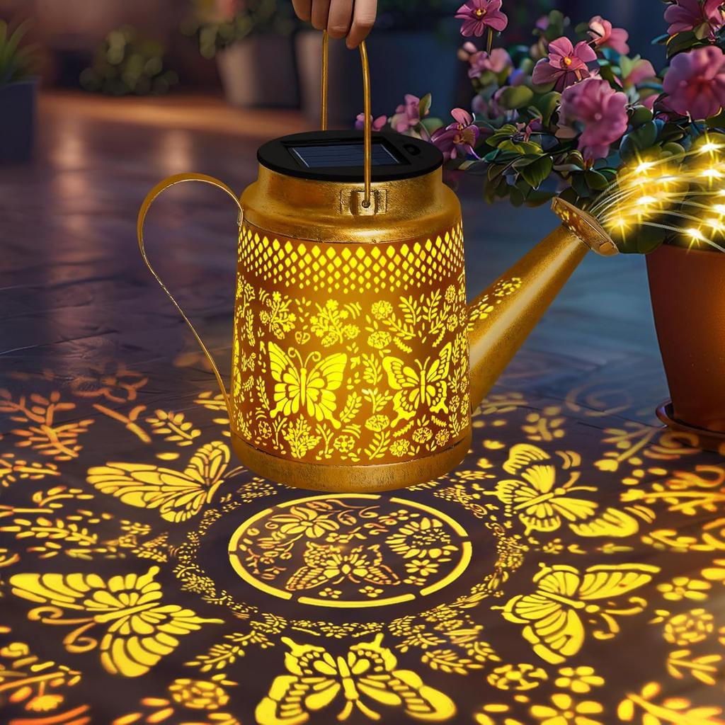 Solar Watering Can Lights Outdoor Garden Decor, Large Butterfly Hanging Lantern with Shepherd Hook, Waterproof Garden Lights for Outdoor Landscape