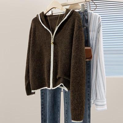 Women's 2025 Fall Hooded Color Block Loose Knit Sweater