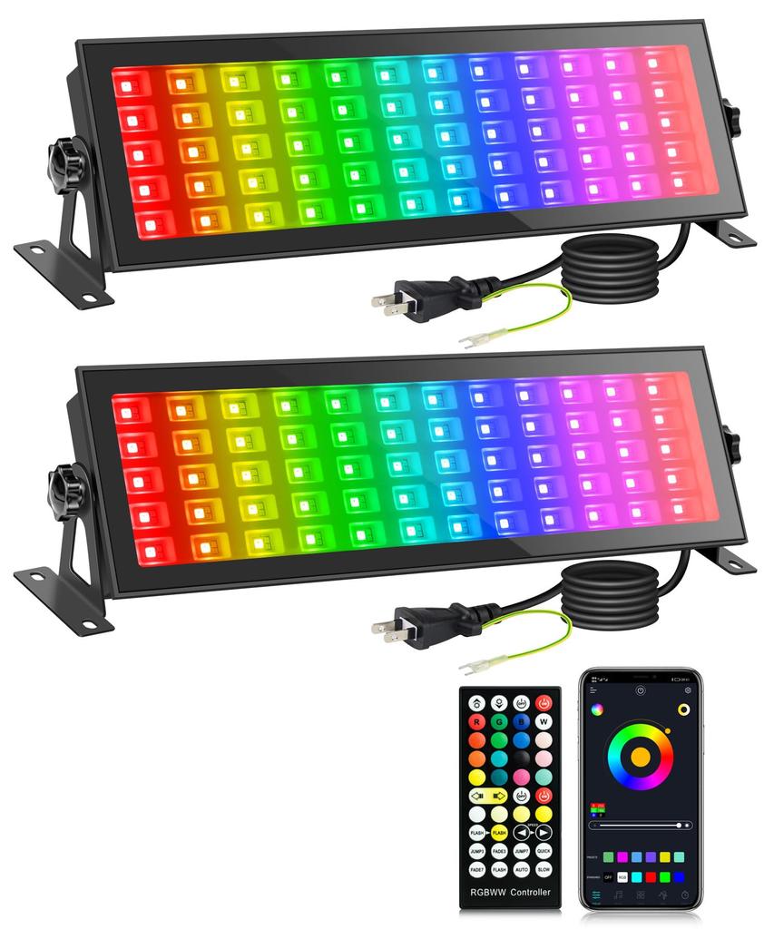 Set aus 2 120W RGB Flutlichtern, Bühnenlichtleiste - RGBCW Smarte Wallwasher-Leuchten mit 60 RGB-, 60 Warmweiß- und 60 Weiß-Farben, IP66 Wasserdicht DJ