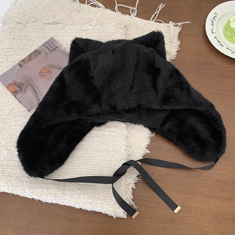 Cute Cat Ears Plush Hat for Women In Autumn and Winter White Thickened Cold Proof and Warm Big Head Circumference Ear Protecting Lei Feng Hat