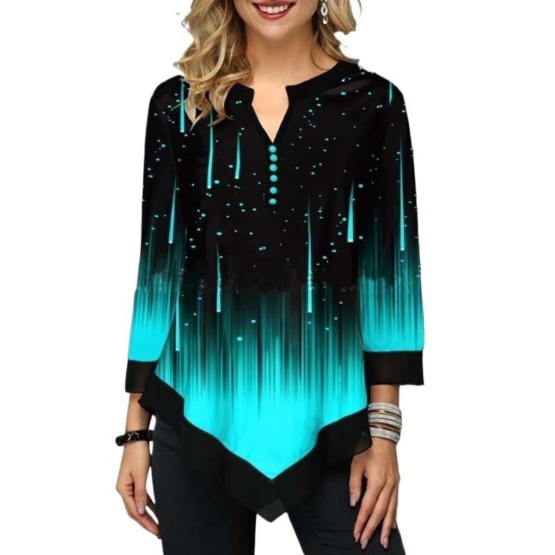 Women Top Summer Autumn 3D Digital Printing V Neck Irregular Loose T-shirts & Long-sleeve Tops