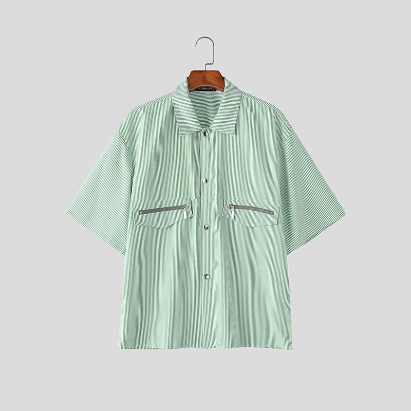 

INCERUN Oversized Men Lapel Neck Short Sleeve Striped Splicing Casual Summer Shirts XL зелений