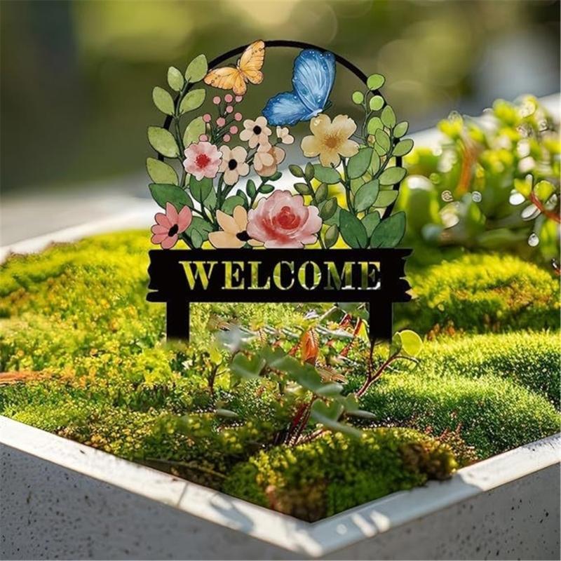 Iron Garden Welcome Sign with Twin-Pointed Soil Insert, Outdoor Metal Stake for Yard, Lawn and Flower Bed Placement Display Use at Home