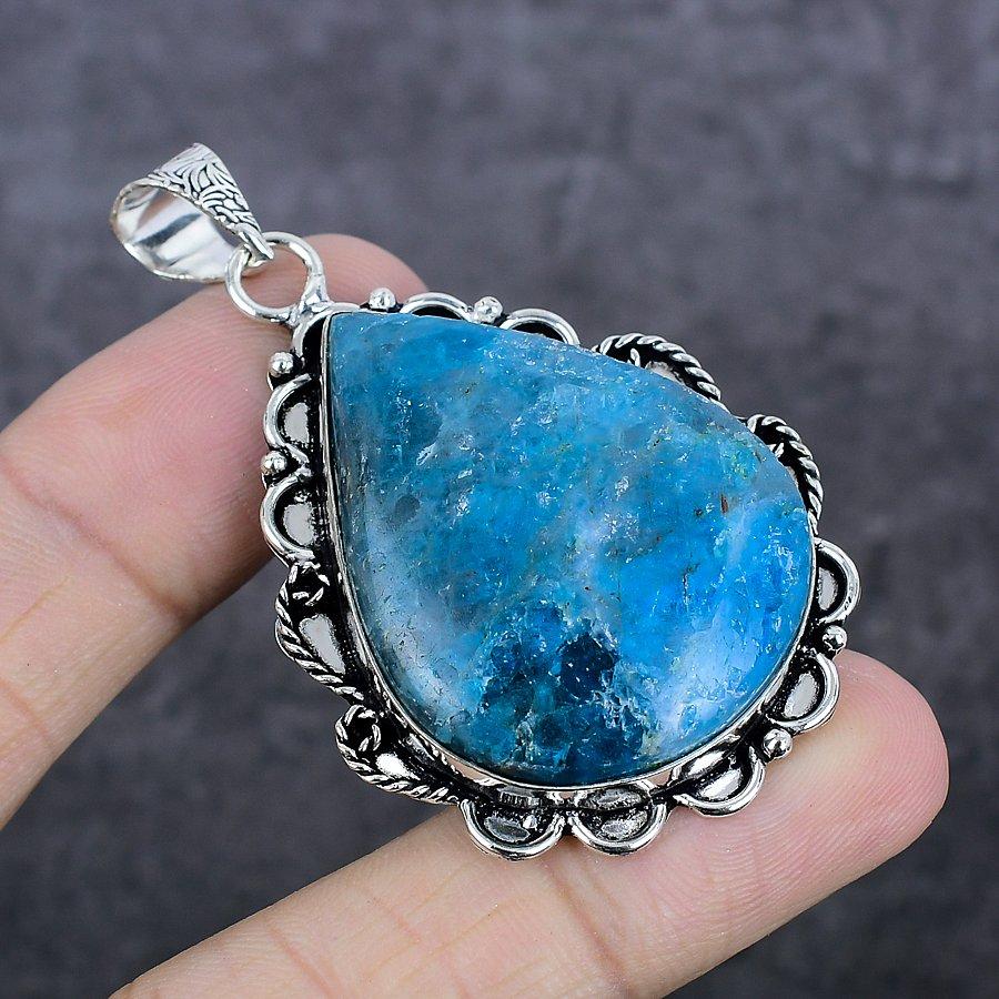 Neon Blue Apatite Handmade 925 Sterling Silver Jewelry Pendant 2.40" C9N72