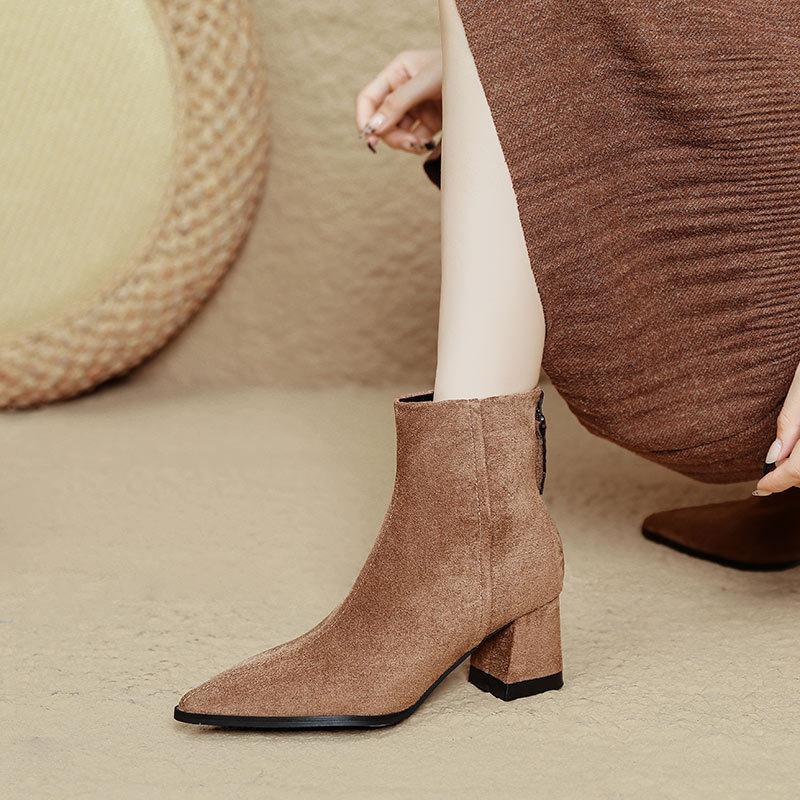 Coarse Heel Short Boots Women's 2025 Autumn and Winter New French Pointed High Heel Boots Suede Thin Elastic Boots Medium Tube Fashion Boots